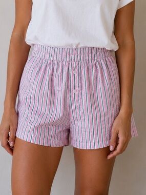 Brit the Label Pink Green and White Striped Elastic Waist Shorts Pockets Size L